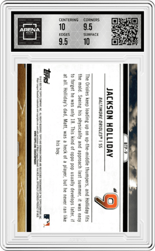 Jackson Holliday from the 2023 Bowman  set graded by Arena Club and given an overall grade of 10.