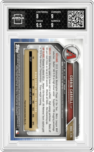 Corbin Carroll from the 2019 Bowman Draft set graded by Arena Club and given an overall grade of 8.5.