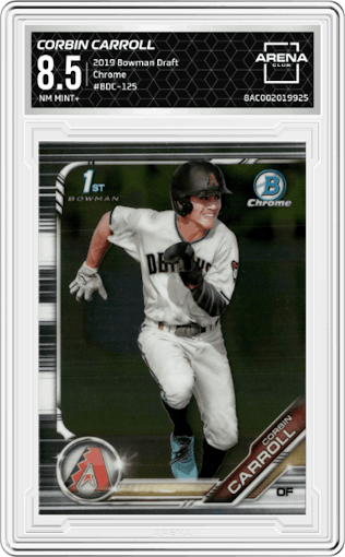 Corbin Carroll from the 2019 Bowman Draft set graded by Arena Club and given an overall grade of 8.5.