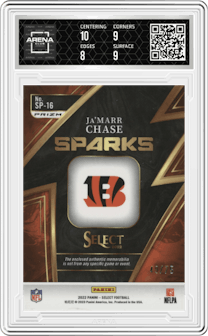 Ja'Marr Chase from the 2022 Panini Select set featuring a White Prizm parallel graded by Arena Club and given an overall grade of 8.5.