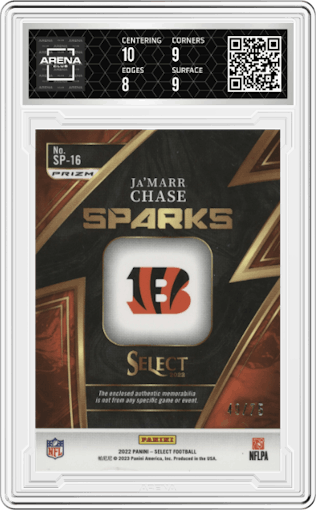 Ja'Marr Chase from the 2022 Panini Select set featuring a White Prizm parallel graded by Arena Club and given an overall grade of 8.5.