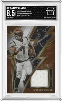 Ja'Marr Chase from the 2022 Panini Select set featuring a White Prizm parallel graded by Arena Club and given an overall grade of 8.5.