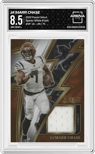 Ja'Marr Chase from the 2022 Panini Select set featuring a White Prizm parallel graded by Arena Club and given an overall grade of 8.5.