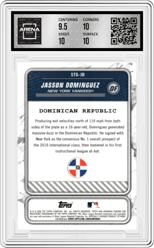 Jasson Dominguez from the 2020 Bowman set graded by Arena Club and given an overall grade of 10.