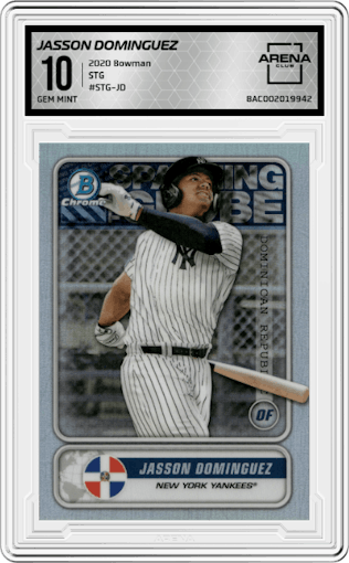 Jasson Dominguez from the 2020 Bowman set graded by Arena Club and given an overall grade of 10.