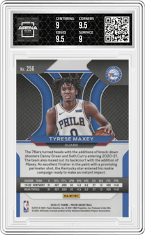 Tyrese Maxey from the 2020-21 Panini Prizm set graded by Arena Club and given an overall grade of 9.5.