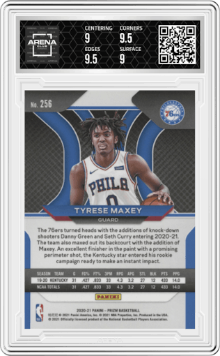 Tyrese Maxey from the 2020-21 Panini Prizm set graded by Arena Club and given an overall grade of 9.5.