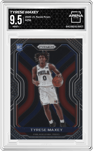 Tyrese Maxey from the 2020-21 Panini Prizm set graded by Arena Club and given an overall grade of 9.5.