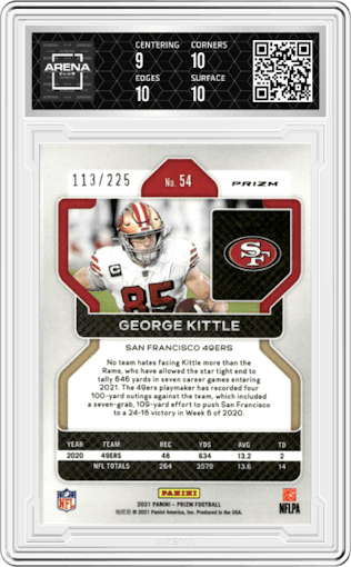 George Kittle from the 2021 Panini Prizm set featuring a Purple Ice parallel graded by Arena Club and given an overall grade of 9.5.
