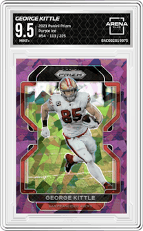 George Kittle from the 2021 Panini Prizm set featuring a Purple Ice parallel graded by Arena Club and given an overall grade of 9.5.