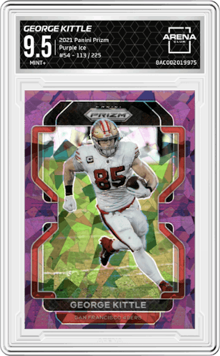 George Kittle from the 2021 Panini Prizm set featuring a Purple Ice parallel graded by Arena Club and given an overall grade of 9.5.