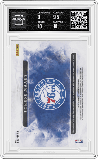Tyrese Maxey from the 2020-21 Panini Origins  set graded by Arena Club and given an overall grade of 9.5.