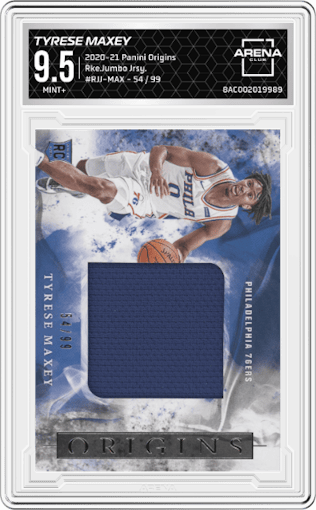 Tyrese Maxey from the 2020-21 Panini Origins  set graded by Arena Club and given an overall grade of 9.5.