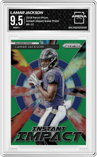 Lamar Jackson from the 2018 Panini Prizm set featuring a Green Prizm parallel graded by Arena Club and given an overall grade of 9.5.