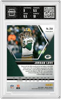 Jordan Love from the 2020 Panini Mosaic set featuring a Pink Camo parallel graded by Arena Club and given an overall grade of 8.5.