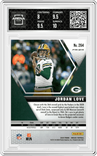 Jordan Love from the 2020 Panini Mosaic set featuring a Pink Camo parallel graded by Arena Club and given an overall grade of 8.5.
