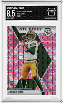 Jordan Love from the 2020 Panini Mosaic set featuring a Pink Camo parallel graded by Arena Club and given an overall grade of 8.5.