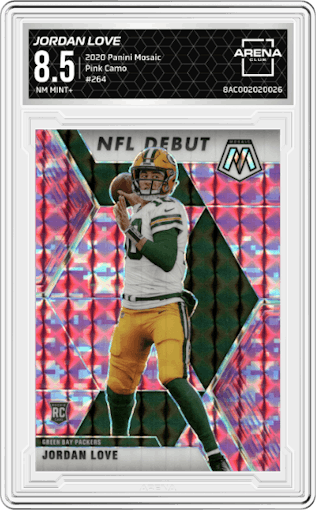 Jordan Love from the 2020 Panini Mosaic set featuring a Pink Camo parallel graded by Arena Club and given an overall grade of 8.5.