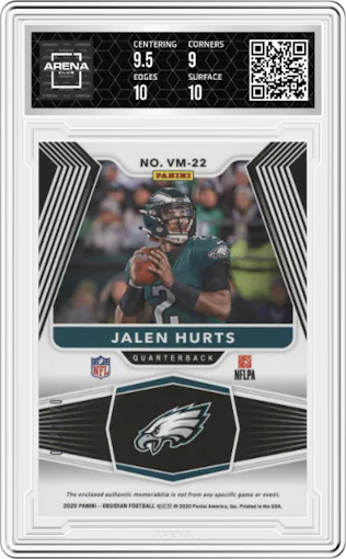 Jalen Hurts from the 2020 Panini Obsidian set graded by Arena Club and given an overall grade of 9.5.