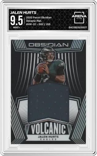 Jalen Hurts from the 2020 Panini Obsidian set graded by Arena Club and given an overall grade of 9.5.