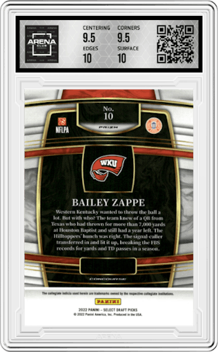 Bailey Zappe from the 2022 Panini Select Draft Picks set featuring a Hyper parallel graded by Arena Club and given an overall grade of 10.