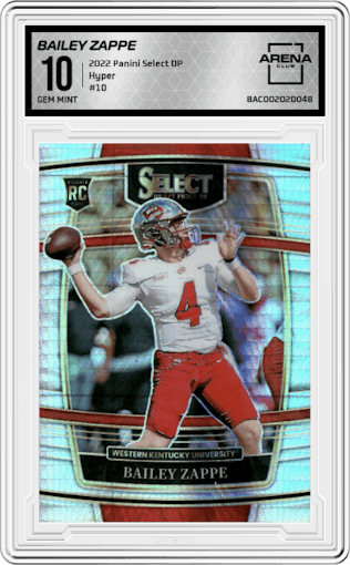 Bailey Zappe from the 2022 Panini Select Draft Picks set featuring a Hyper parallel graded by Arena Club and given an overall grade of 10.