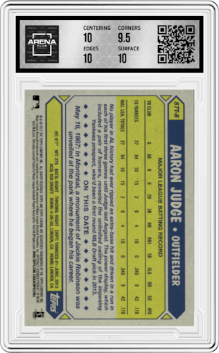 Aaron Judge from the 2017 Topps Chrome set graded by Arena Club and given an overall grade of 10.