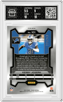 Kerby Joseph  from the 2023 Panini Prizm set featuring a Orange Prizm parallel graded by Arena Club and given an overall grade of 9.5.