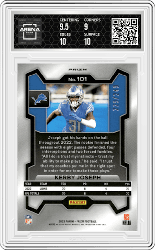 Kerby Joseph  from the 2023 Panini Prizm set featuring a Orange Prizm parallel graded by Arena Club and given an overall grade of 9.5.