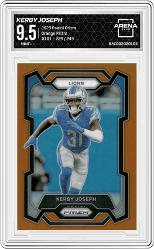 Kerby Joseph  from the 2023 Panini Prizm set featuring a Orange Prizm parallel graded by Arena Club and given an overall grade of 9.5.