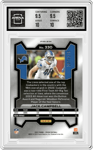 Jack Campbell from the 2023 Panini Prizm set featuring a Hyper Prizm parallel graded by Arena Club and given an overall grade of 10.