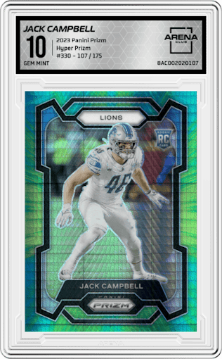 Jack Campbell from the 2023 Panini Prizm set featuring a Hyper Prizm parallel graded by Arena Club and given an overall grade of 10.