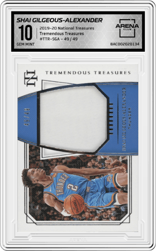 Shai Gilgeous-Alexander from the 2019-20 Panini National Treasures Basketball set graded by Arena Club and given an overall grade of 10.