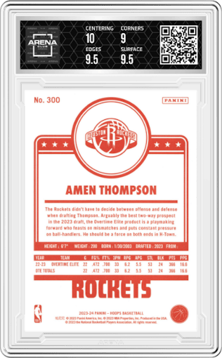 Amen Thompson from the 2023-24 Panini NBA Hoops set featuring a Red Backs parallel graded by Arena Club and given an overall grade of 9.5.