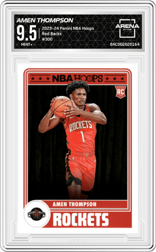 Amen Thompson from the 2023-24 Panini NBA Hoops set featuring a Red Backs parallel graded by Arena Club and given an overall grade of 9.5.