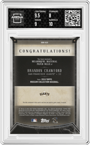 Brandon Crawford from the 2018 Topps Museum Collection set featuring a Copper parallel graded by Arena Club and given an overall grade of 8.5.