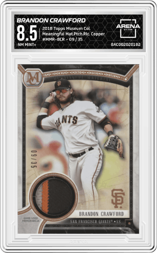 Brandon Crawford from the 2018 Topps Museum Collection set featuring a Copper parallel graded by Arena Club and given an overall grade of 8.5.