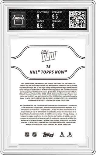 Connor Bedard from the 2023-24 Topps Now NHL Stickers set graded by Arena Club and given an overall grade of 9.
