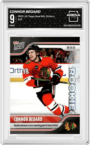 Connor Bedard from the 2023-24 Topps Now NHL Stickers set graded by Arena Club and given an overall grade of 9.