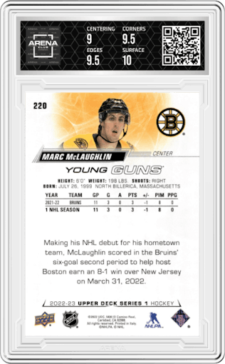 Marc McLaughlin from the 2022-23 Upper Deck  set graded by Arena Club and given an overall grade of 9.5.