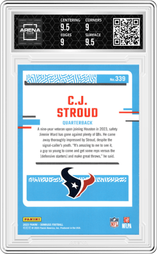 C.J. Stroud from the 2023 Panini Donruss set graded by Arena Club and given an overall grade of 9.5.