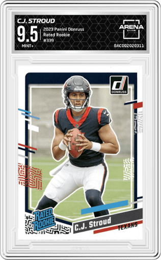 C.J. Stroud from the 2023 Panini Donruss set graded by Arena Club and given an overall grade of 9.5.