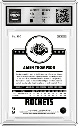 Amen Thompson from the 2023-24 Panini NBA Hoops set featuring a Silver parallel graded by Arena Club and given an overall grade of 10.