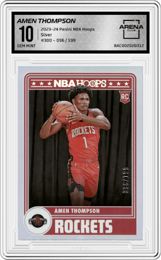 Amen Thompson from the 2023-24 Panini NBA Hoops set featuring a Silver parallel graded by Arena Club and given an overall grade of 10.