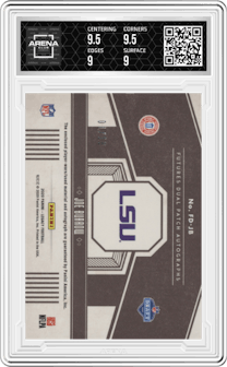 Joe Burrow from the 2020 Panini Legacy set featuring a Gold parallel graded by Arena Club and given an overall grade of 9.5.