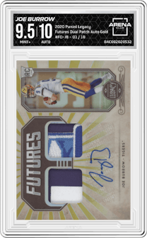 Joe Burrow from the 2020 Panini Legacy set featuring a Gold parallel graded by Arena Club and given an overall grade of 9.5.