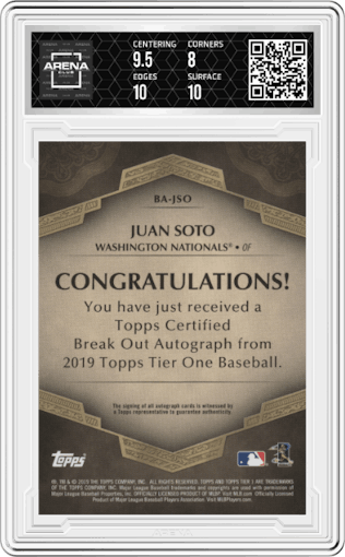 Juan Soto from the 2019 Topps Tier One set graded by Arena Club and given an overall grade of 8.5.