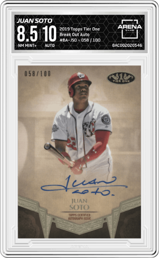 Juan Soto from the 2019 Topps Tier One set graded by Arena Club and given an overall grade of 8.5.