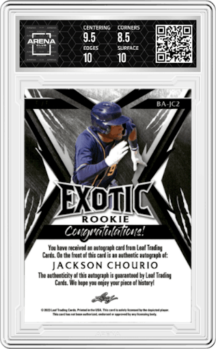 Jackson Chourio from the 2023 Leaf Exotic  set featuring a Crystal Snake parallel graded by Arena Club and given an overall grade of 9.