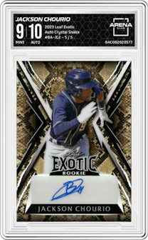 Jackson Chourio from the 2023 Leaf Exotic  set featuring a Crystal Snake parallel graded by Arena Club and given an overall grade of 9.